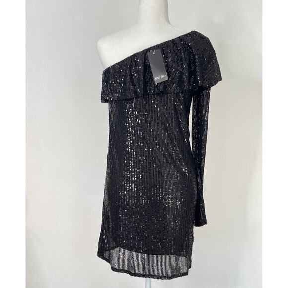 Nasty Gal One Shoulder Long Sleeve Black Sequin Mini Dress Size Large New - Picture 4 of 9